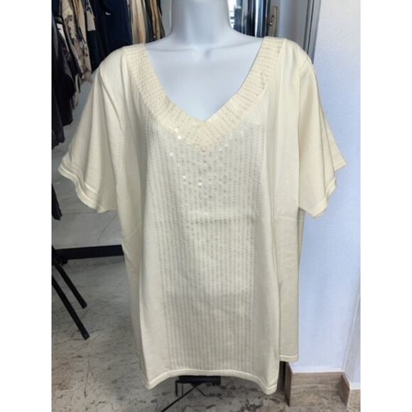 Linea By Louis Dell'Olia Top 3X Off-White Cotton Nylon Knit Sequins Short Sleeve - Picture 2 of 3